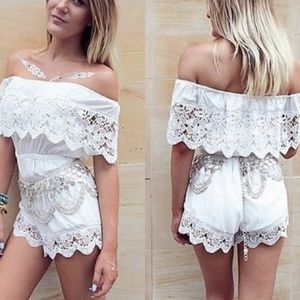 Rumor White Crochet Lace Off Shoulder Romper LF XS Summer Festival Femme